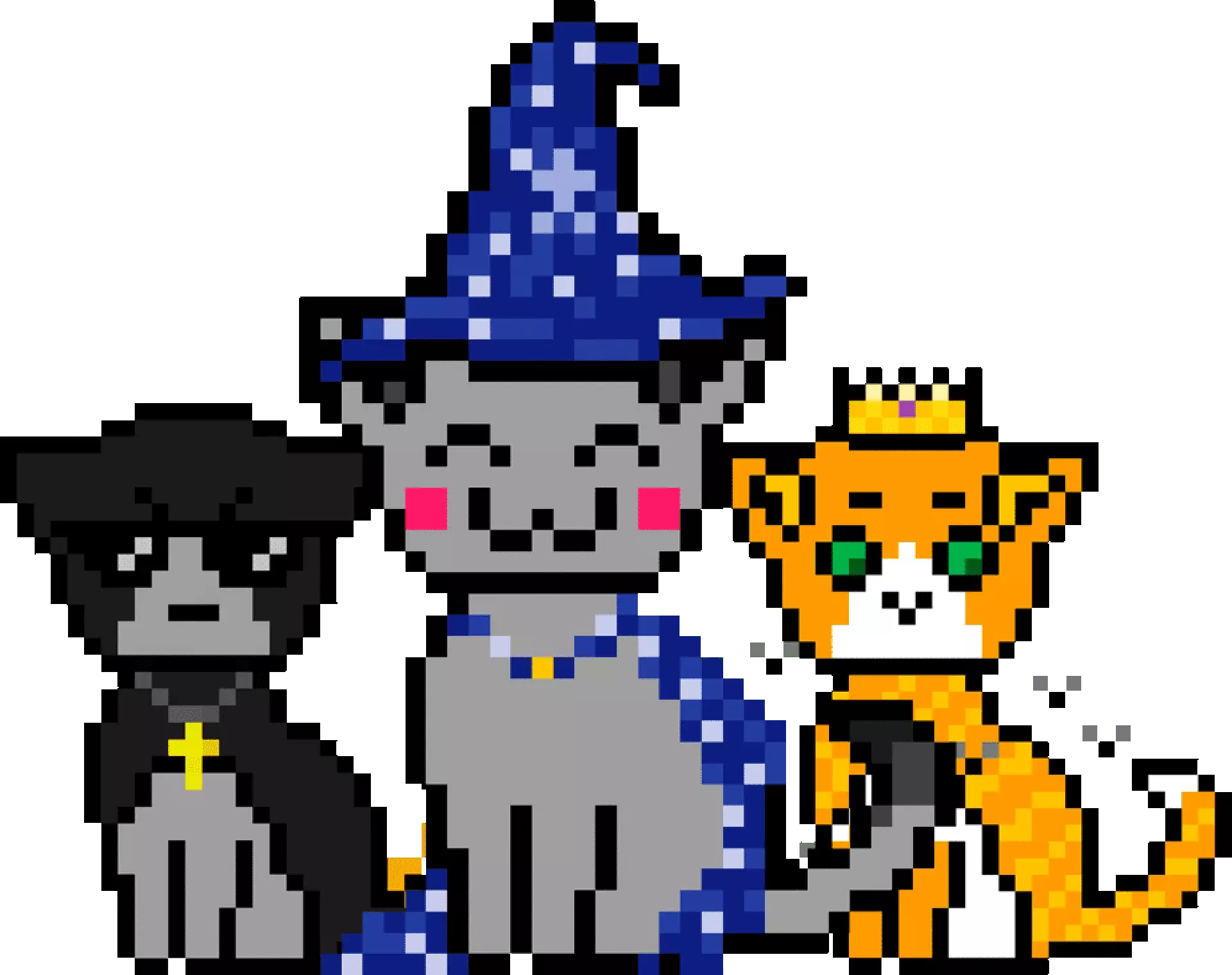Three cryptocats one black cat with gray and one orange